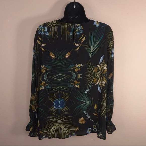XL COUNTERPARTS BLACK FLORAL TROPICAL PRINT BLOUSE  LONG SLEEVE GREEN - Picture 3 of 13